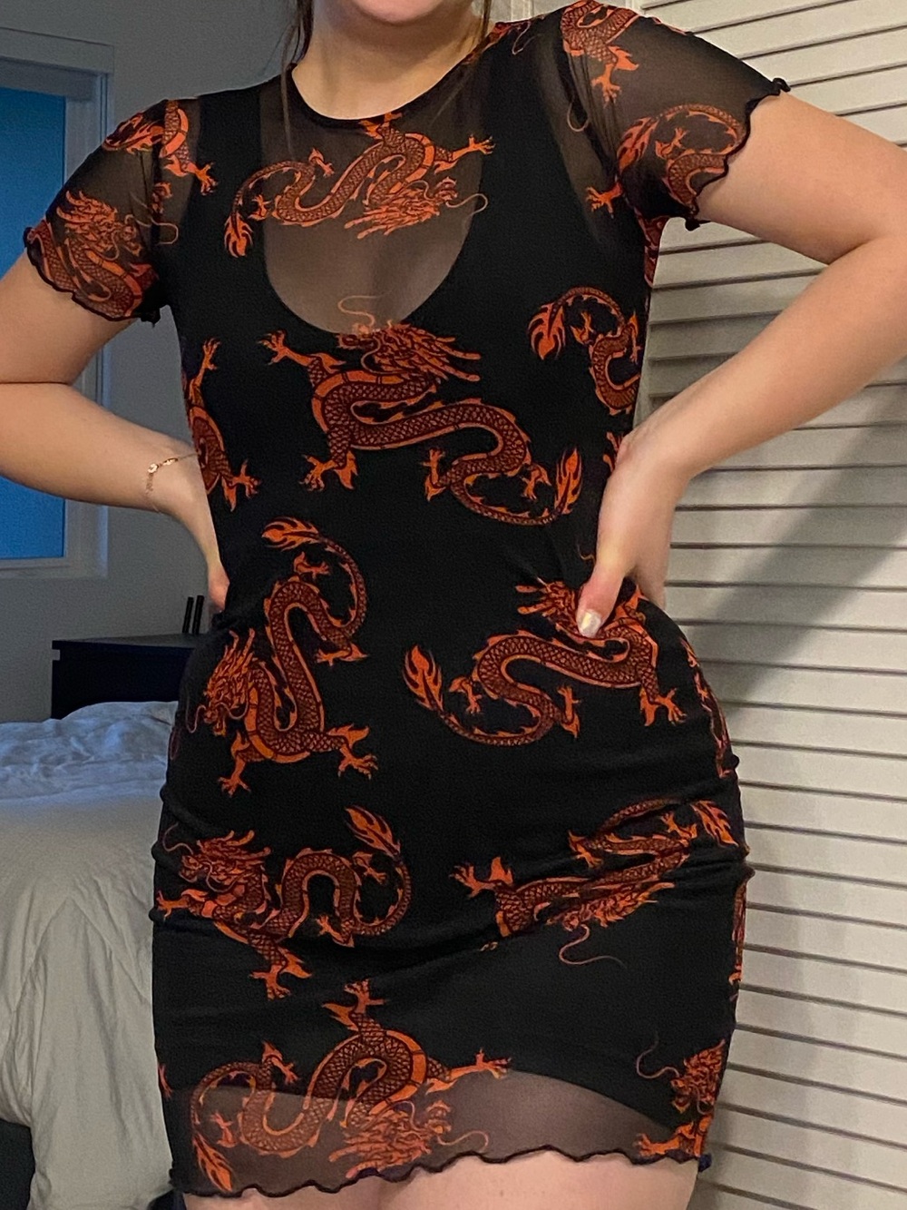Fashion Nova Black Mesh Mini Dress with Red Dragon Print